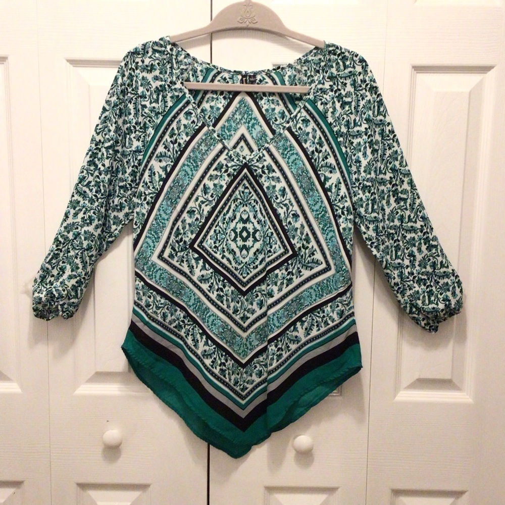 EUC Heart Soul Womens Green Floral Tile Print Asymmetrical Blouse Top Large